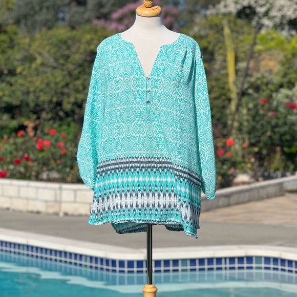 Kim Rogers Aqua and Black Patterned Blouse - Picture 4 of 11